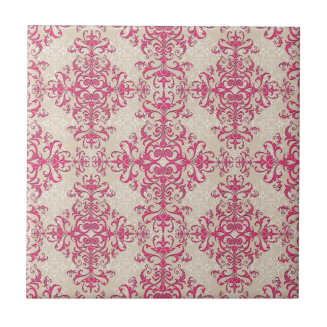 Chic Pink and Off White Floral Damask Pattern Tile (Front)