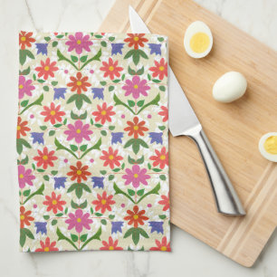 Chic Pink and Orange Flowers, Polka Dots on Ecru Tea Towel