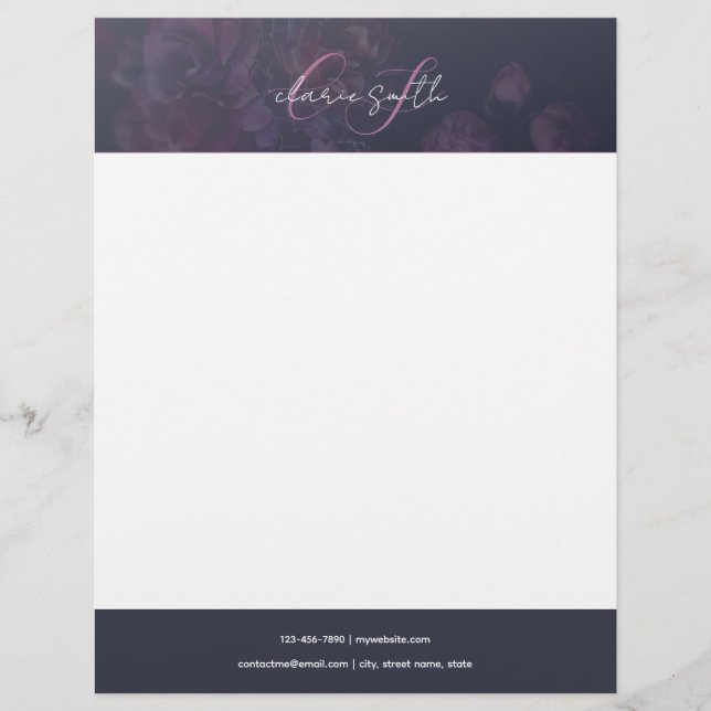 chic pink and purple flower with script monogram custom letterhead (Front)