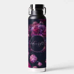 chic pink and purple flower with script monogram water bottle
