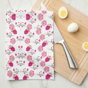 Chic pink and red Floral print seamless pattern Tea Towel