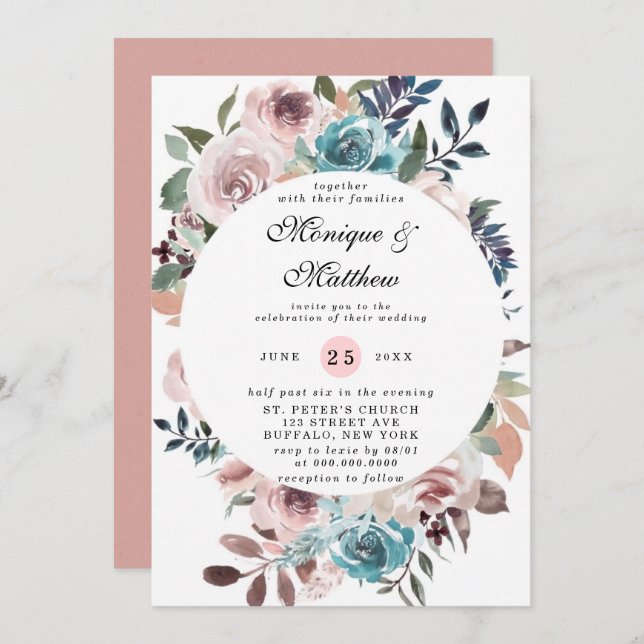 Chic Pink and Teal Watercolor Peony Wedding Invita Invitation (Front/Back)