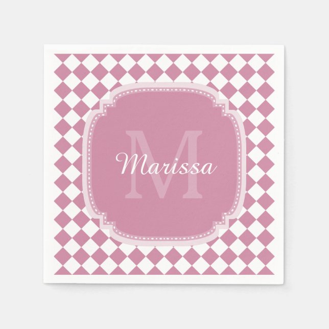 Chic Pink and White Checked Monogrammed Name Napkin (Front)