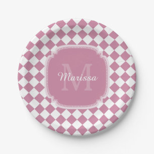 Chic Pink and White Checked Monogrammed Name Paper Plate
