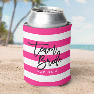 Chic Pink and White Stripes Black Team Bride Can Cooler