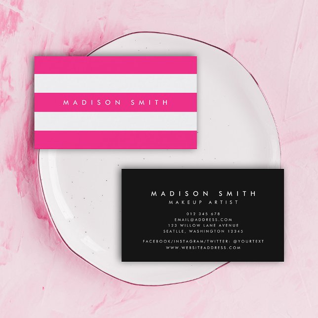 Chic Pink and White Stripes with Black Business Card (Creator Uploaded)