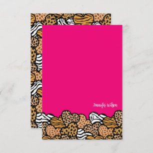 Chic Pink Animal Print Heart Valentine Custom Name Thank You Card