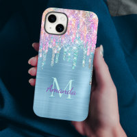 Chic pink aqua unicorn dripping glitter monogram C