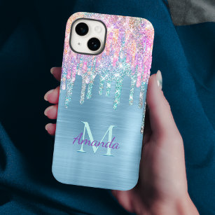 Chic pink aqua unicorn dripping glitter monogram C iPhone 15 Case