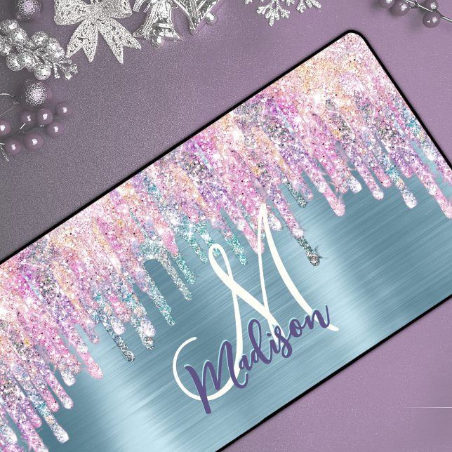 Chic pink aqua unicorn dripping glitter monogram desk mat (Creator Uploaded)