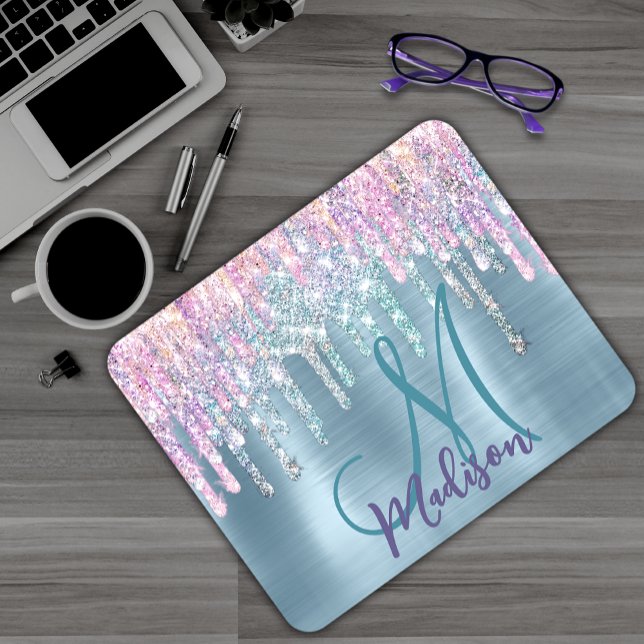 Chic pink aqua unicorn dripping glitter monogram mouse pad (Creator Uploaded)
