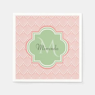 Chic Pink Arched Scallops Soft Green Monogram Name Napkin