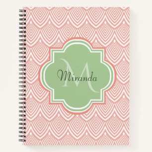 Chic Pink Arched Scallops Soft Green Monogram Name Notebook