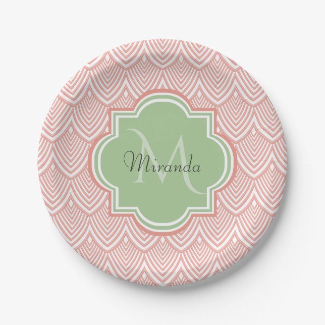 Chic Pink Arched Scallops Soft Green Monogram Name Paper Plate (Front)