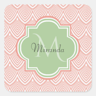 Chic Pink Arched Scallops Soft Green Monogram Name Square Sticker