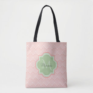Chic Pink Arched Scallops Soft Green Monogram Name Tote Bag