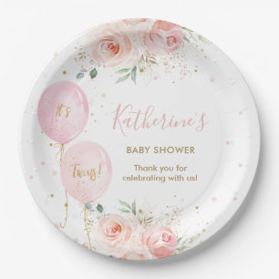 Chic Pink Balloons Floral Twins Baby Shower Paper Plate