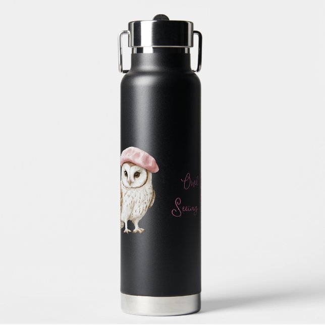 Chic Pink Beret Brown White Owl Be Seeing You Water Bottle (Front)
