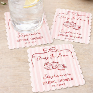 Chic Pink Berry In Love Bridal Shower Personalised Paper Coaster