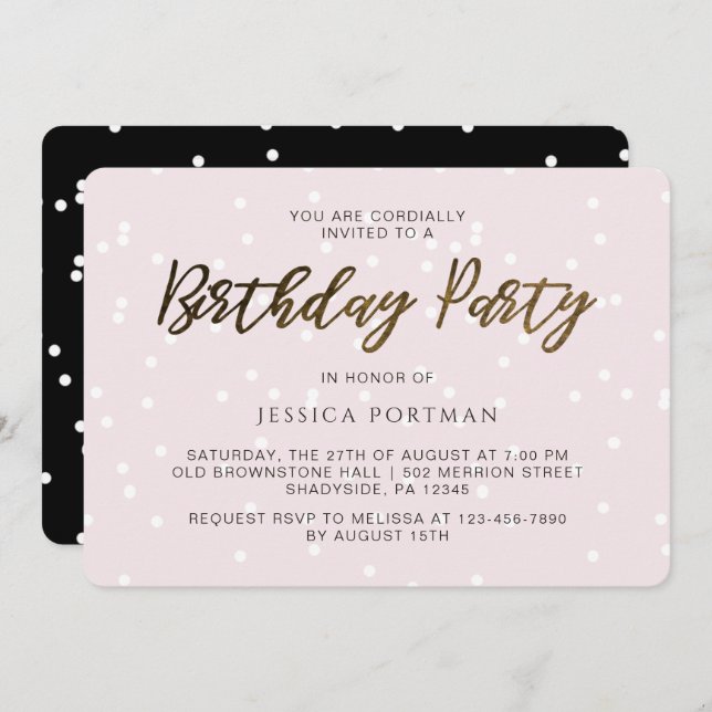 Chic Pink Birthday Party Pretty Confetti Invitation (Front/Back)