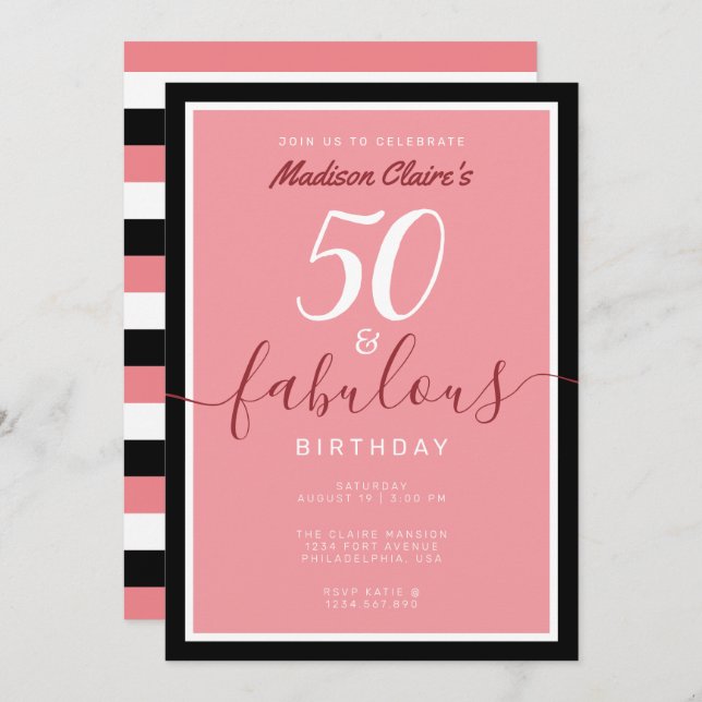 Chic Pink Black and White 50 and Fabulous Birthday Invitation (Front/Back)