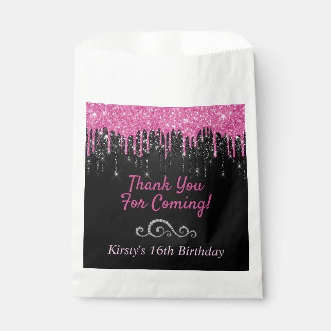 Chic Pink Black Dripping Glitter Sweet 16 Birthday Favour Bags (Front)