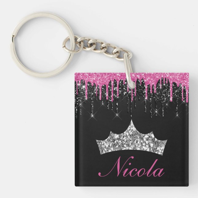 Chic Pink Black Dripping Glitter Tiara Name Key Ring (Front)
