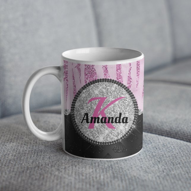 Chic pink black faux glitter animal print monogram coffee mug (Creator Uploaded)