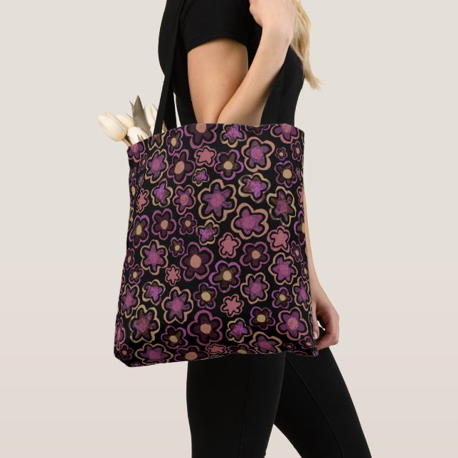 Chic Pink Black Flower Hand-Drawn Pattern Floral Tote Bag (Close Up)