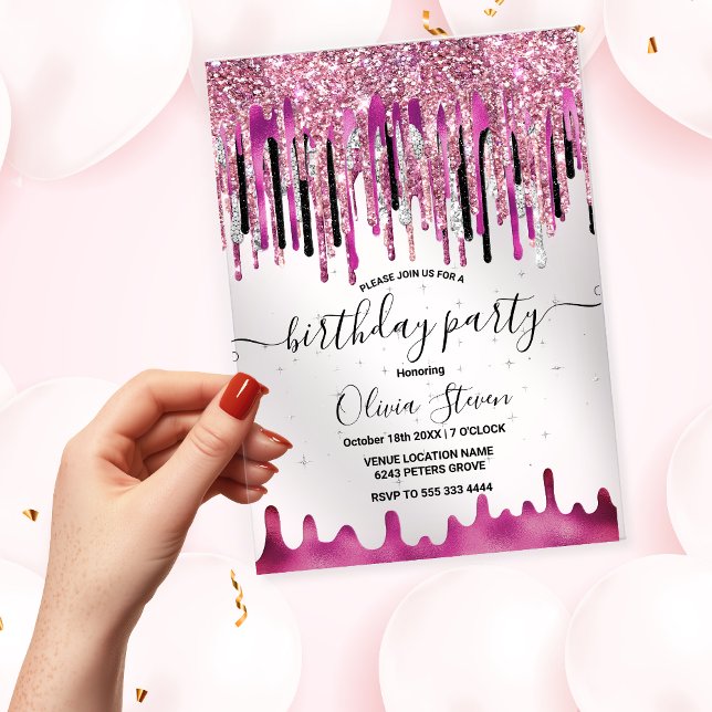 Chic pink black glitter drips monogram birthday  acrylic invitations (Creator Uploaded)