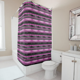 Chic Pink Black Glitter Stripe Glam Personalised Shower Curtain