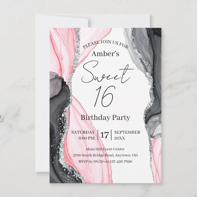 Chic Pink & Black Marble Sweet 16 Invitation (Front)