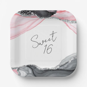 Chic Pink & Black Marble Sweet 16 Paper Plates