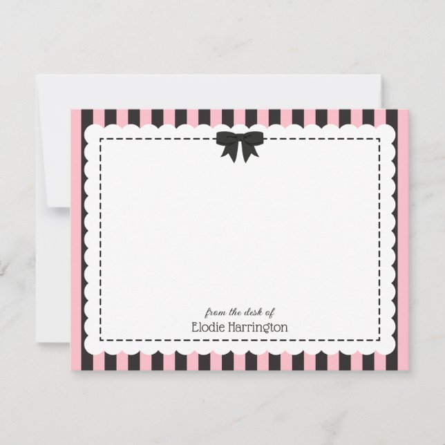 Chic Pink Black Stripes Scalloped Edges & Bow Card (Front)