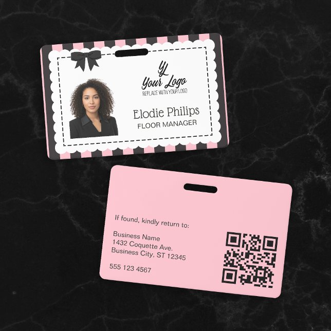 Chic Pink Black Stripes Scalloped Edges & Bow ID Badge (Creator Uploaded)