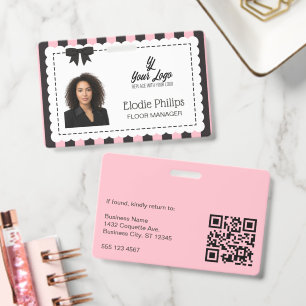 Chic Pink Black Stripes Scalloped Edges & Bow ID Badge