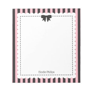 Chic Pink Black Stripes Scalloped Edges & Bow Notepad