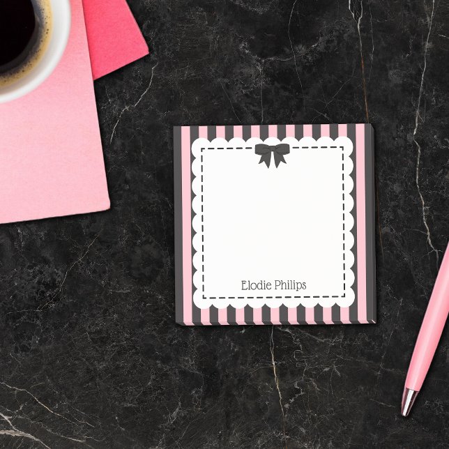 Chic Pink Black Stripes Scalloped Edges & Bow Post-it Notes (Creator Uploaded)