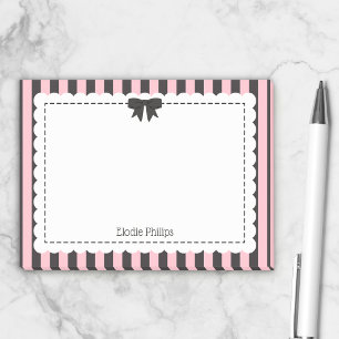 Chic Pink Black Stripes Scalloped Edges & Bow Post-it Notes