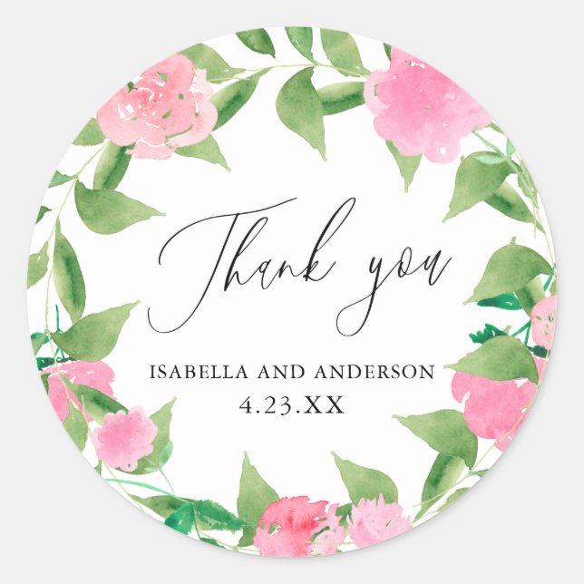 Chic Pink Blooms and Greenery Wedding Thank You Classic Round Sticker (Front)