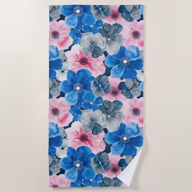 Chic Pink Blue Floral   Beach Towel (Front)