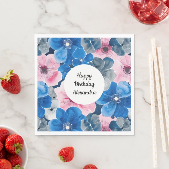 Chic Pink Blue Floral Birthday Napkin (Insitu)