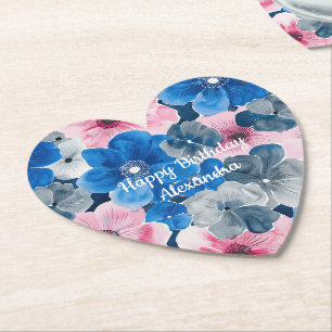 Chic Pink Blue Floral Birthday Paper Coaster