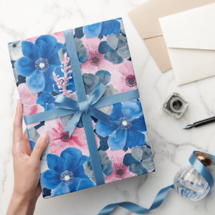 Chic Pink Blue Floral Birthday Wrapping Paper