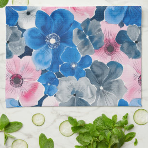Chic Pink Blue Floral Bridal Shower Tea Towel