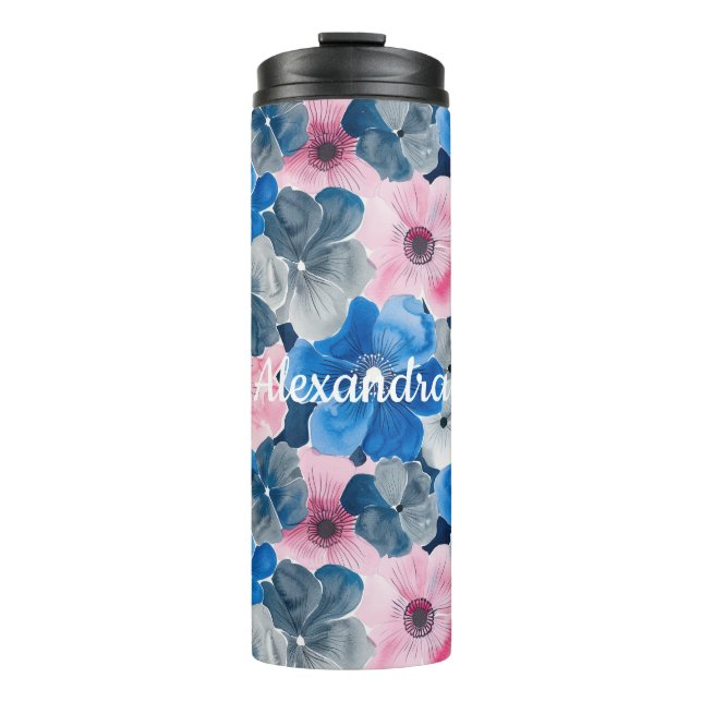 Chic Pink Blue Floral  Thermal Tumbler (Front)