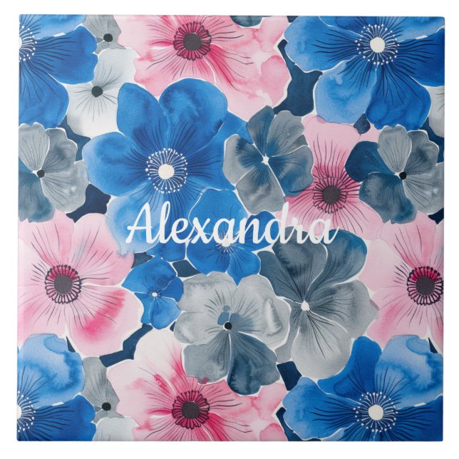 Chic Pink Blue Floral  Tile (Front)
