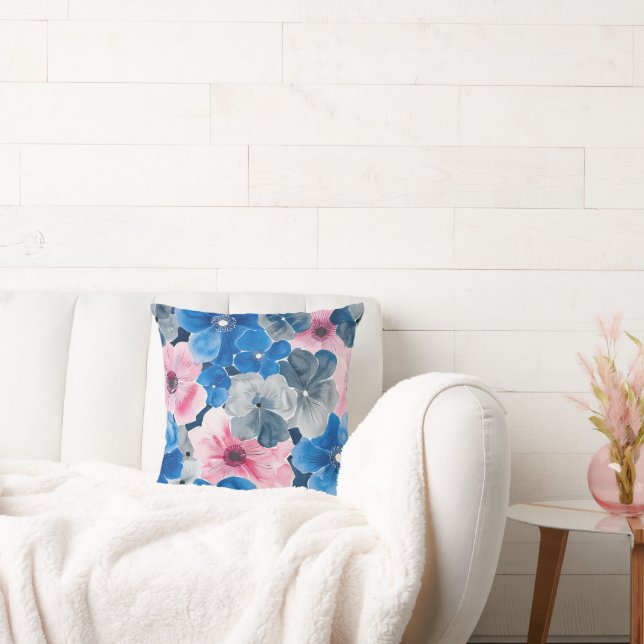 Chic Pink Blue Flowers Cushion (Couch)