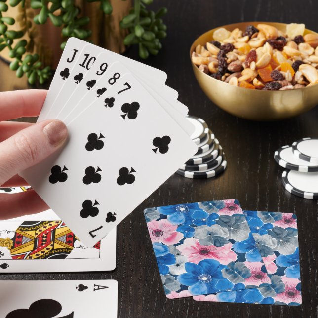 Chic Pink Blue Flowers Playing Cards (In Situ)