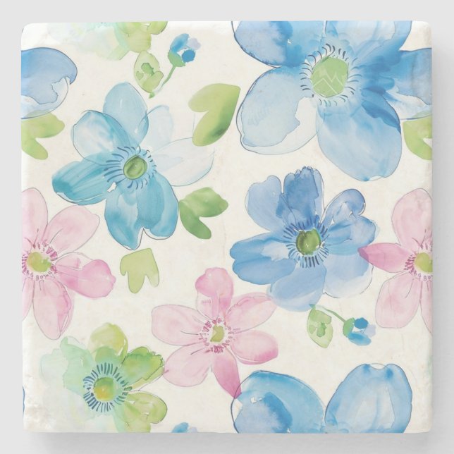 Chic Pink Blue Flowers Stone Coaster (Front)